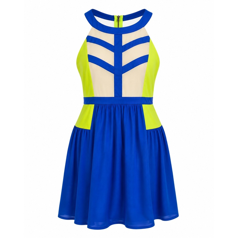 DejaVu Neon Fit & Flare Halter Mini Dress Women Size M Blue Green Good Geometric